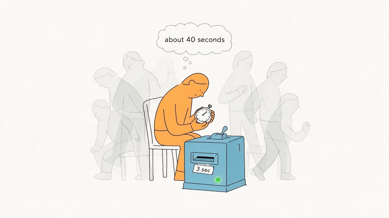 An orange figure sits hunched on a chair staring down at a stopwatch in his hands, a thought bubble above him reading "about 40 seconds"; pale grey afterimages of himself standing, pacing and turning crowd the space behind him; the blue machine at his knee shows a green light and a taped label reading "3 sec"