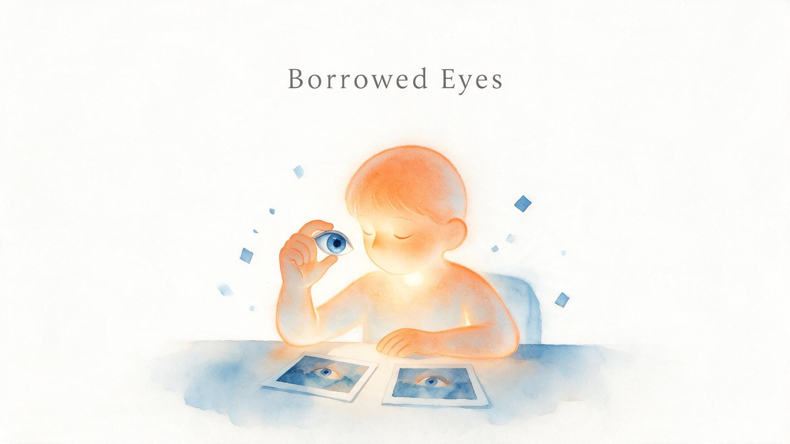 An orange translucent figure with closed eyes sits at a desk, holding a borrowed blue eye up close to examine two nearly identical pictures lying side by side, the words "Borrowed Eyes" written above