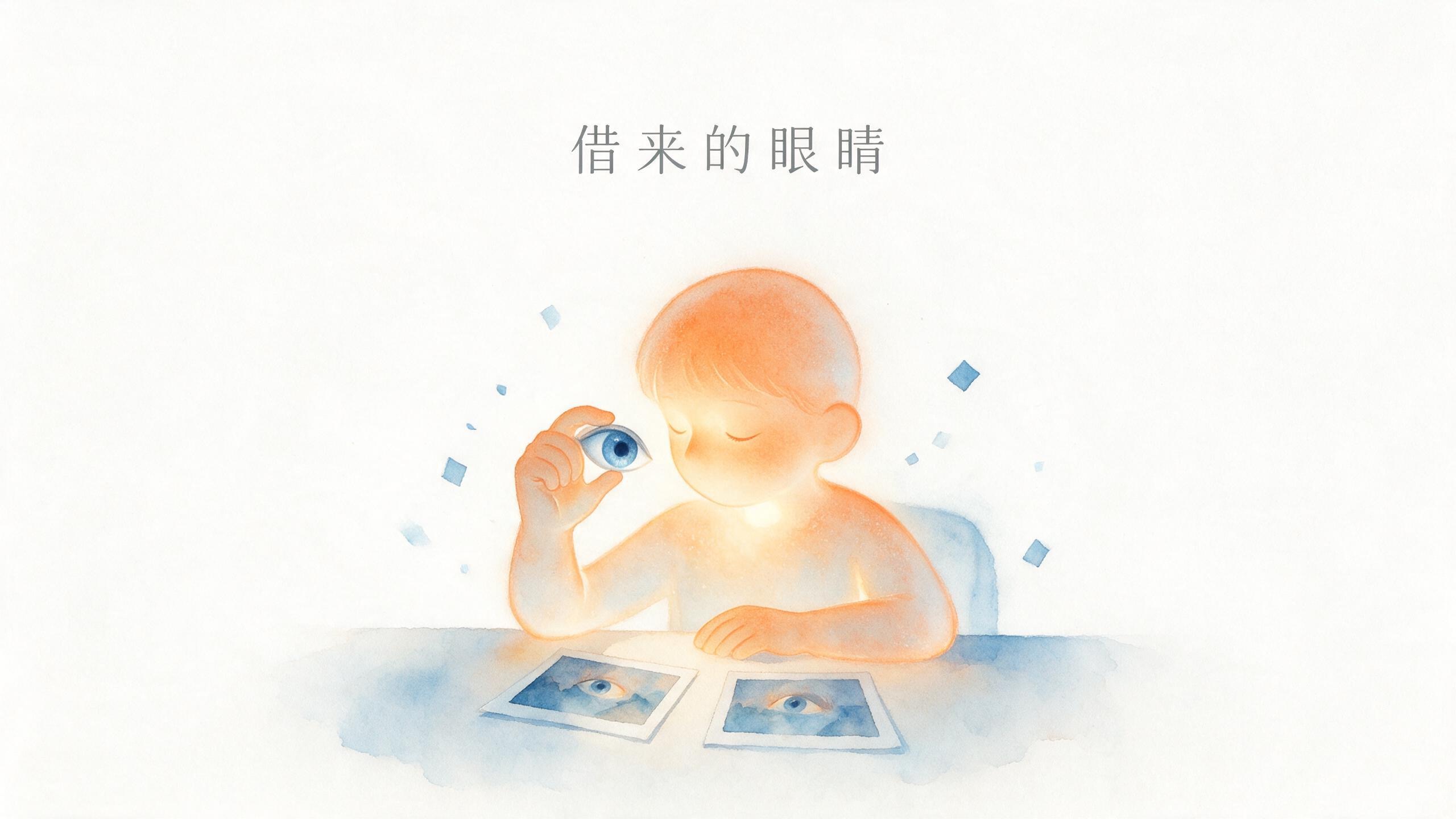 一个暖橙色的人闭着眼睛坐在桌前,抬手举着一只借来的蓝色眼睛,用它端详面前并排摆着的两张图片,画面上方写着「借来的眼睛」几个字
