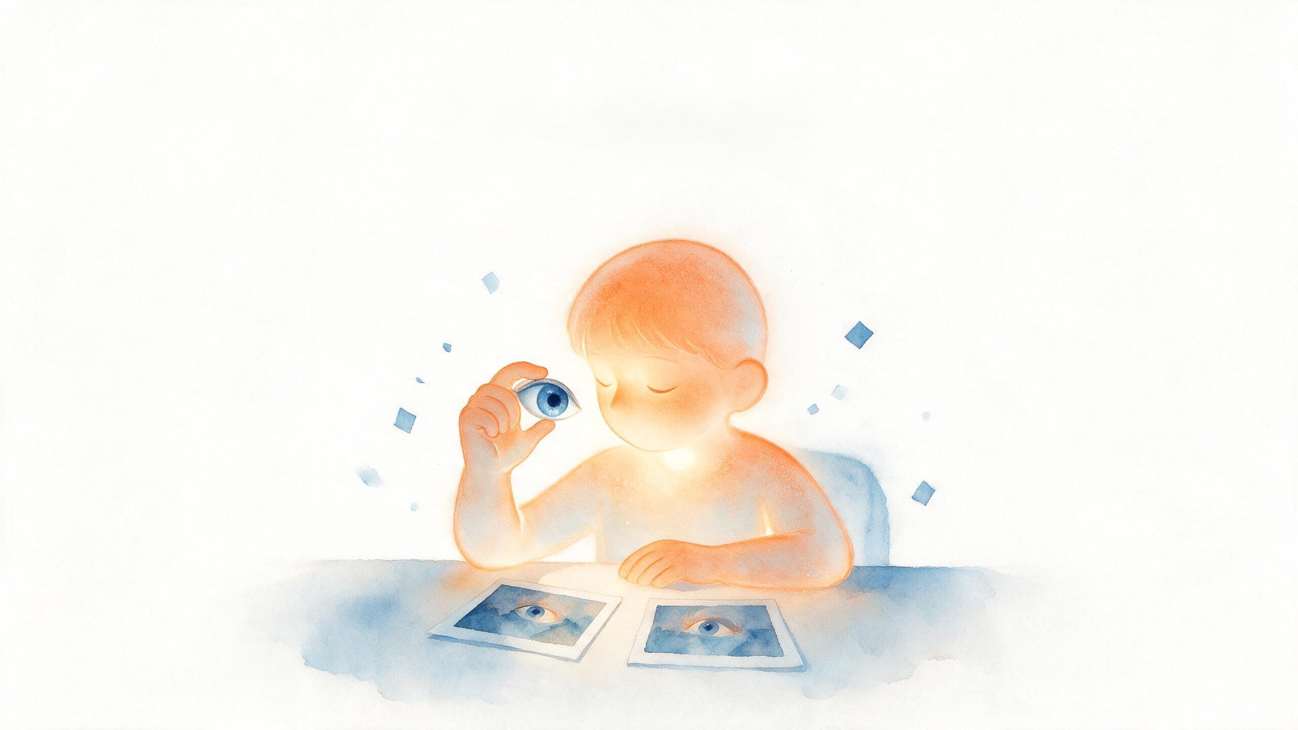 dsh-design-qa — an orange figure with closed eyes holds a borrowed blue eye up to compare two nearly identical pictures on the desk