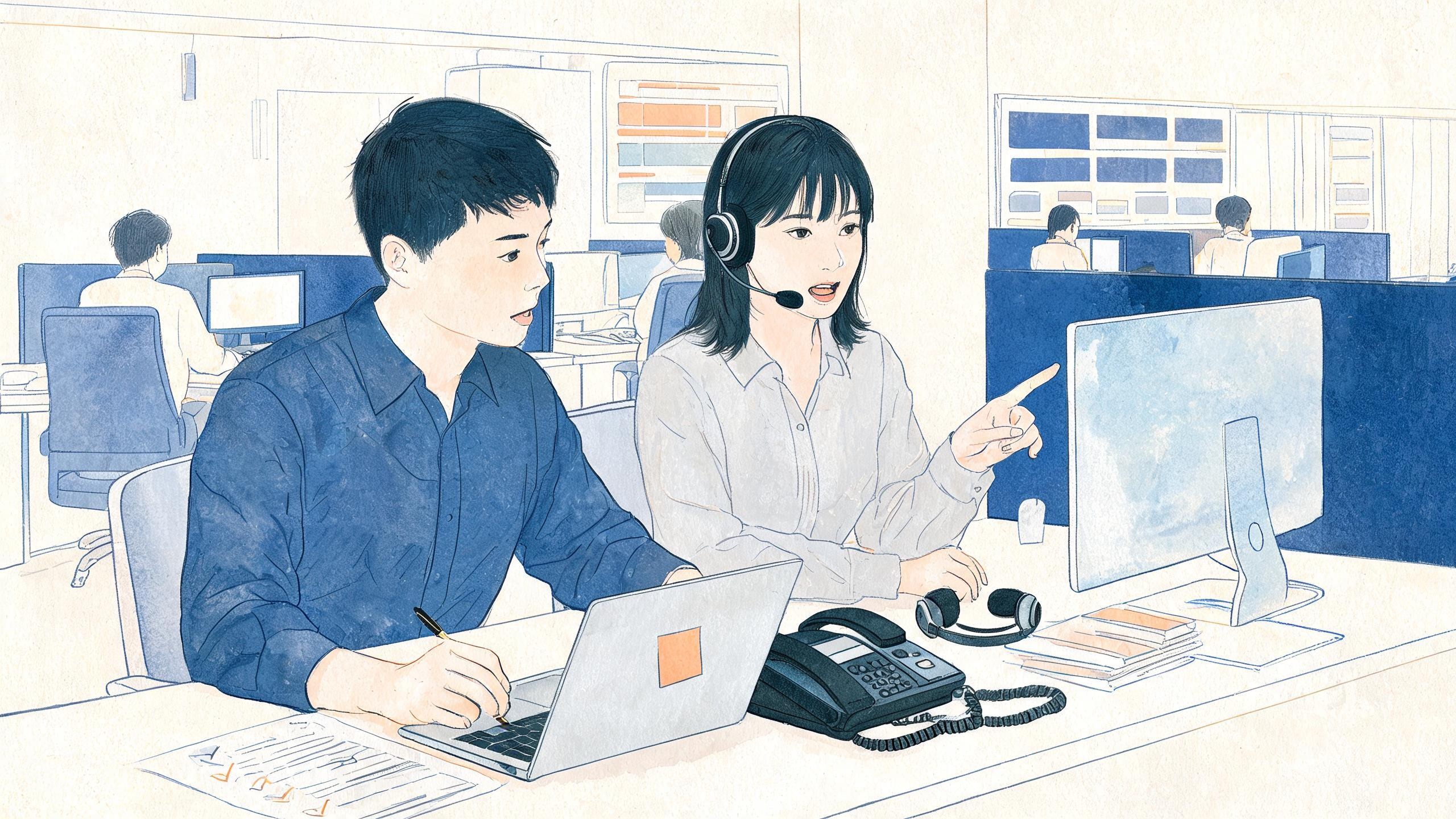 An FDE and a customer service lead working together on a voice AI deployment, with a phone, headset, laptop, and test checklist on the desk